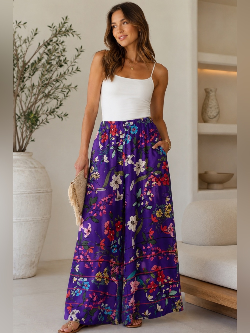 No Brand Wide-Leg Floral Pants in Purple